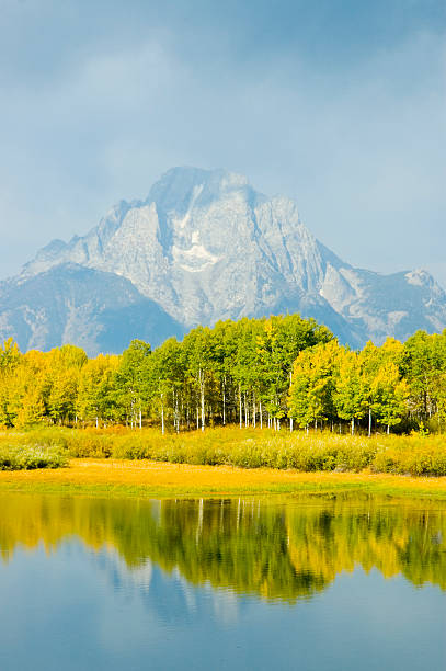 istock mountains, sky and fall colors reflected in lake 92681172