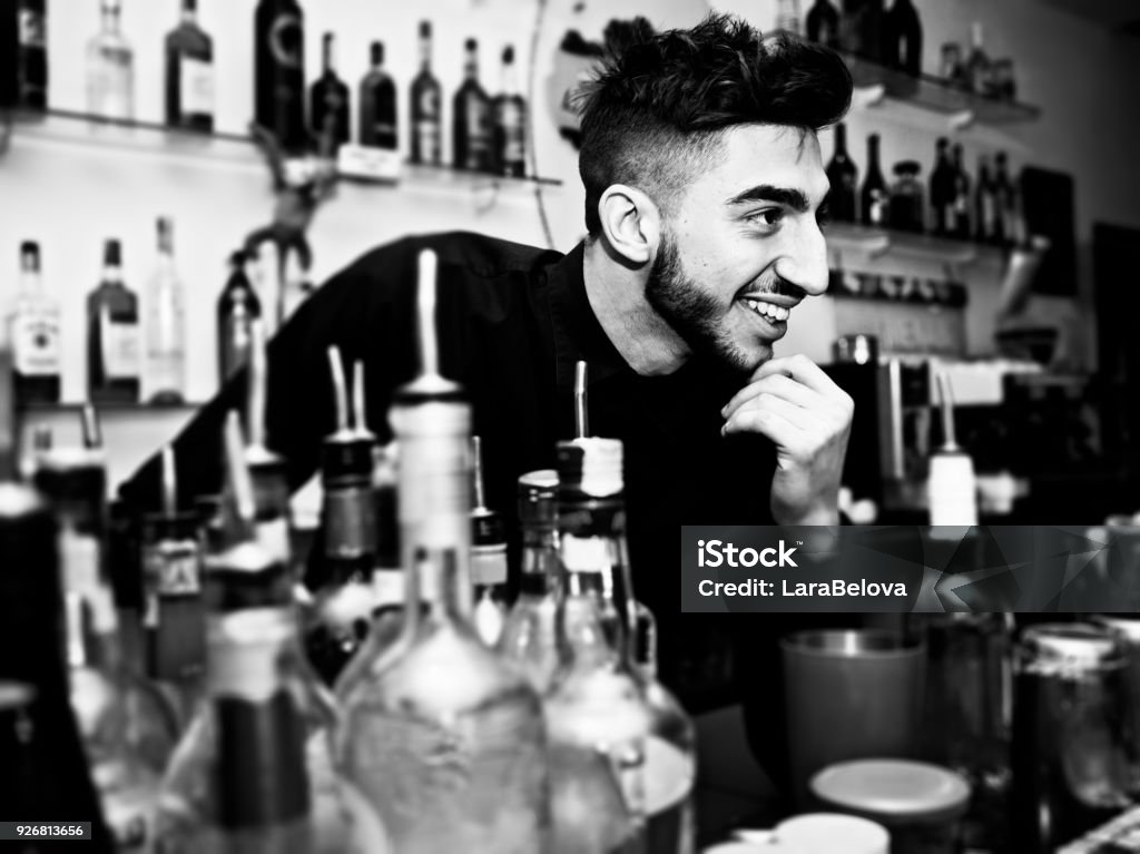 Young Italian Bartender Man At Work Place Stock Photo - Download Image Now  - Black And White, Italy, One Person - iStock