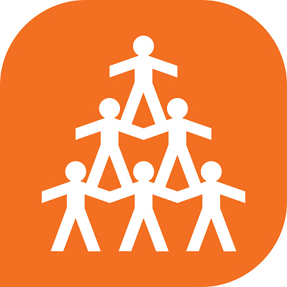 Vector illustration of a pyramid of white human figures on an orange background.