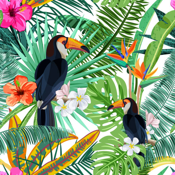 Vector seamless pattern with tropical palm leaves, flowers and bird toucan. Summer design for fashion textile prints Vector seamless pattern with green tropical palm leaves, hibiscus flowers and bird toucan. Nature background. Summer or spring trendy design elements for fashion textile prints and greeting cards. tropical bird stock illustrations