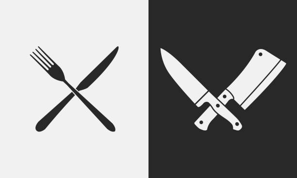 restaurant-messer-symbole. silhouette von gabel und messer, fleischermesser. , emblem - knife table knife kitchen knife white background stock-grafiken, -clipart, -cartoons und -symbole
