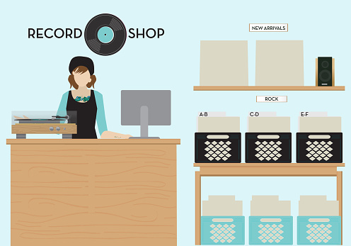 Record shop with female attendant