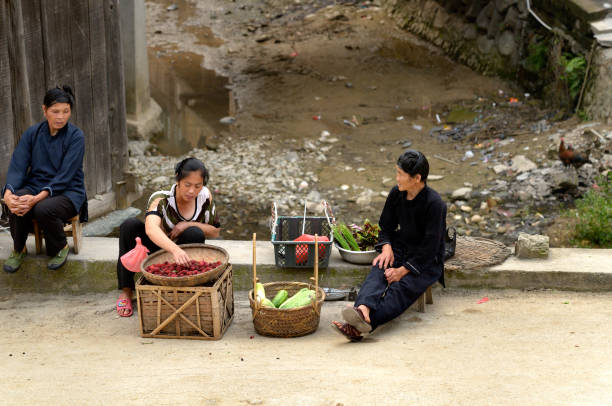 продавцы фруктов мяо в деревне чжаосян донг, китай - miao меньшинство стоковые фото и изображения