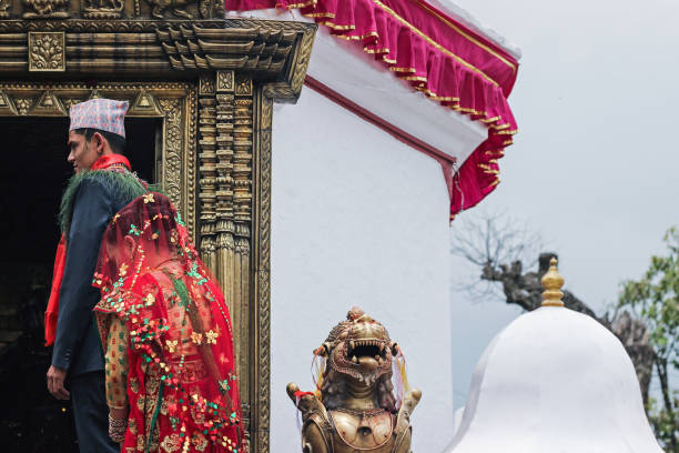 Kathmandu, Nepal - April 22, 2015: Traditional wedding ceremony at a temple in Kathmandu, Nepal.