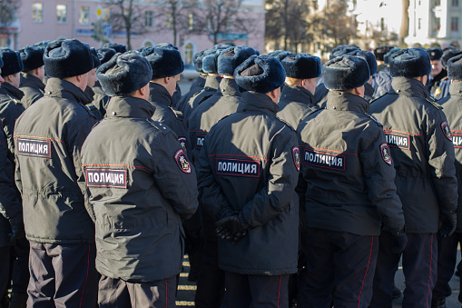 Yoshkar-Ola, Russia - November 14, 2014 Russian police officers on the construction during the parade