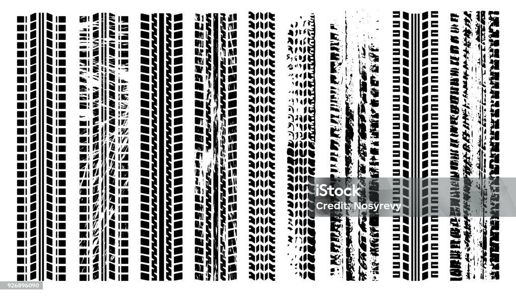 Neumáticos trail conjunto de silueta. Impresión del coche. Pistas de neumático de Grunge. Rastro de goma automotoras. Pista del neumático negro. Vector de silueta aislado de pista de neumáticos. Camino de pista de neumáticos - arte vectorial de Neumático libre de derechos