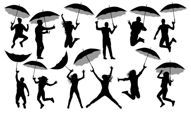 menschen mit regenschirmen silhouette, vektor-set. masse mit sonnenschirmen isoliert auf weißem hintergrund - rain protection personal accessory autumn stock-grafiken, -clipart, -cartoons und -symbole