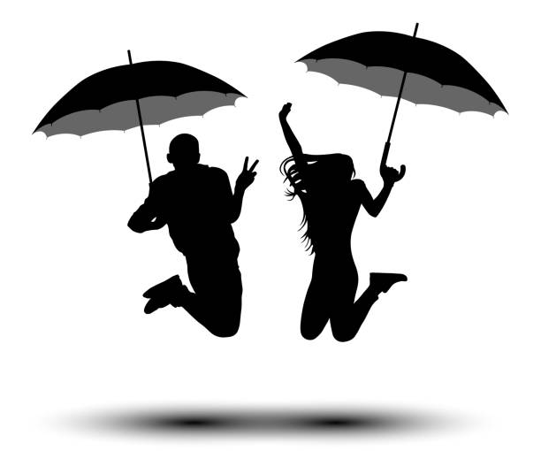 illustrations, cliparts, dessins animés et icônes de homme et femme avec des parapluies en sautant silhouette. gens avec parasol de la pluie. vecteur sur fond blanc - rain women umbrella parasol