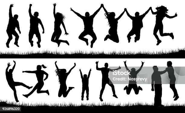 Crowd Of People Jumping Friends Man And Woman Set Cheerful Girl And Boy Silhouette Vector Collection Stock Illustration - Download Image Now