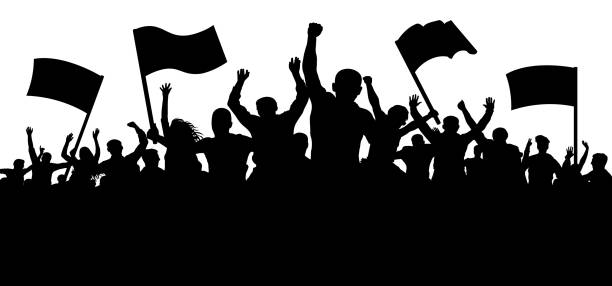 menschenmenge mit fahnen, banner. sport, mob, fans. demonstration, kundgebung, protest, streik, revolution. silhouette hintergrund vektor - demonstrant stock-grafiken, -clipart, -cartoons und -symbole
