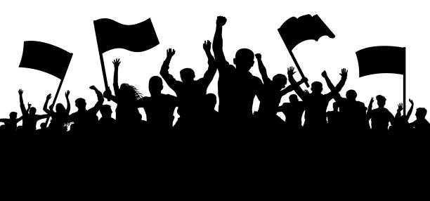 ilustrações de stock, clip art, desenhos animados e ícones de crowd of people with flags, banners. sports, mob, fans. demonstration, manifestation, protest, strike, revolution. silhouette background vector - riot