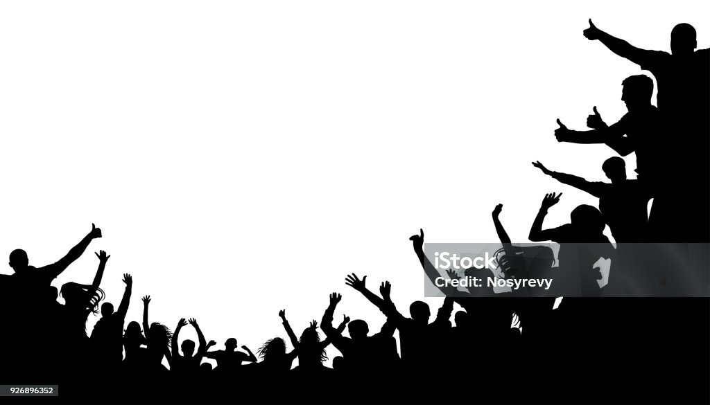 Crowd people, fan cheering. Illustration soccer background, vector silhouette. Mass mob at the stadium Fan - Enthusiast stock vector