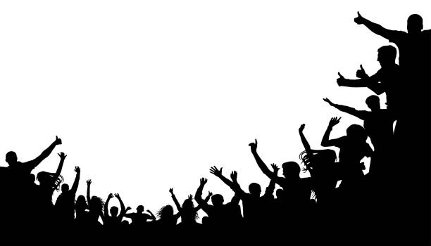 Crowd people, fan cheering. Illustration soccer background, vector silhouette. Mass mob at the stadium Crowd people, fan cheering. Illustration soccer background, vector silhouette. Mass mob at the stadium audience illustrations stock illustrations