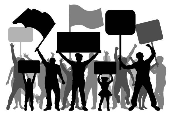istock Manifestation, demonstration, protest, revolution, strike. A crowd of people with flags, banners. Isolated on white background, vector silhouette 926897364