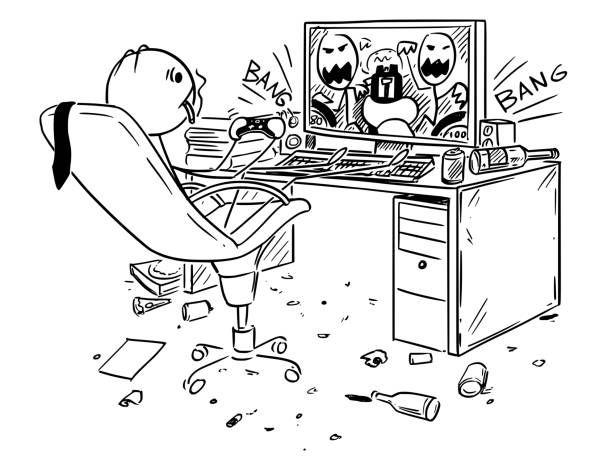 istock Cartoon of Businessman Drinking, Smoking and Playing Computer Game at Work 926899076