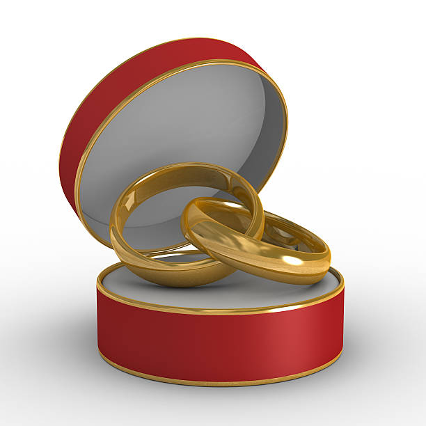 istock Red gift box with two wedding rings. Isolated 3D image 92690026