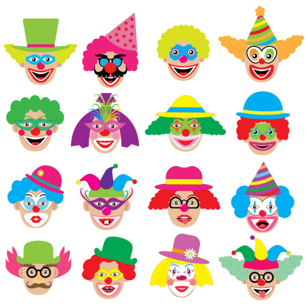 ilustrações de stock, clip art, desenhos animados e ícones de clowns faces, icons, big set. vector illustration. - entertainment clown child circus