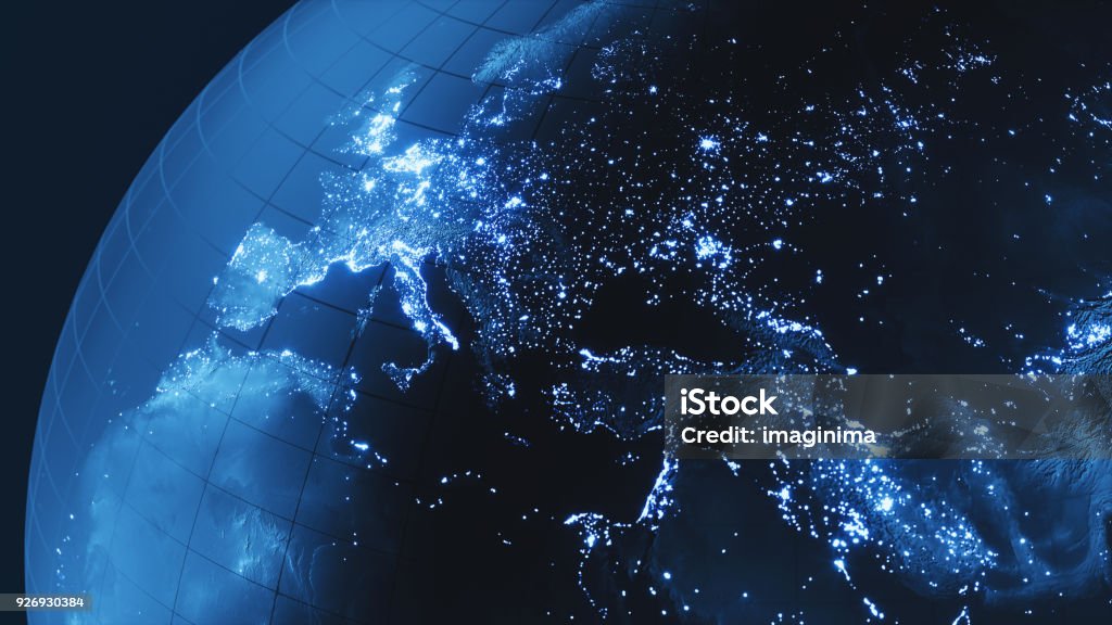 Dark Blue Globe With City Lights (World Map Credits To NASA) Stylish dark blue globe with city lights. Globe - Navigational Equipment Stock Photo