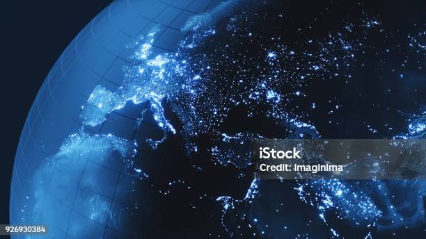 Dark Blue Globe With City Lights Stock Photo - Download Image Now