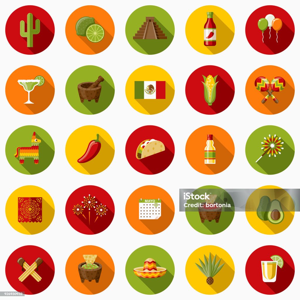 Mexico Flat Design Icon Set with Side Shadow A set of flat design styled Mexican and Cinco de Mayo and alternative treatment icons with a long side shadow. Color swatches are global so it’s easy to edit and change the colors. Firework Display stock vector