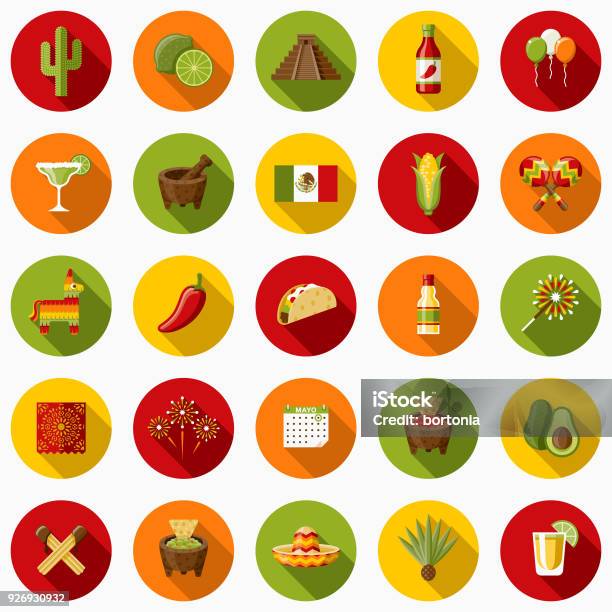 Mexico Flat Design Icon Set With Side Shadow Stock Illustration - Download Image Now - Firework Display, Salsa Sauce, Agave Plant