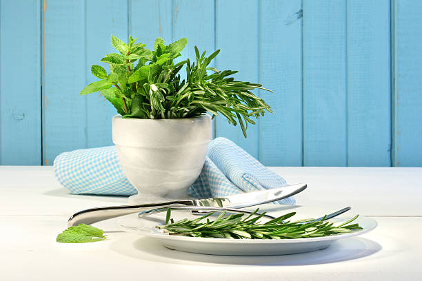 Fresh herbs on the table stock photo