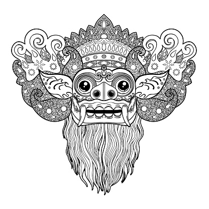 Barong. Traditional ritual Balinese mask. Vector color illustration isolated. Hindu ethnic symbol, tattoo art, yoga, Bali spiritual design for print, poster, t-shirt, textile.