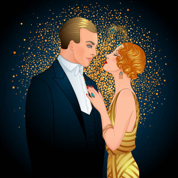 ilustrações de stock, clip art, desenhos animados e ícones de beautiful couple in art deco style. retro fashion: glamour man and woman of twenties. vector illustration. flapper 20's style. - 1920s style smoking 20s smoking issues