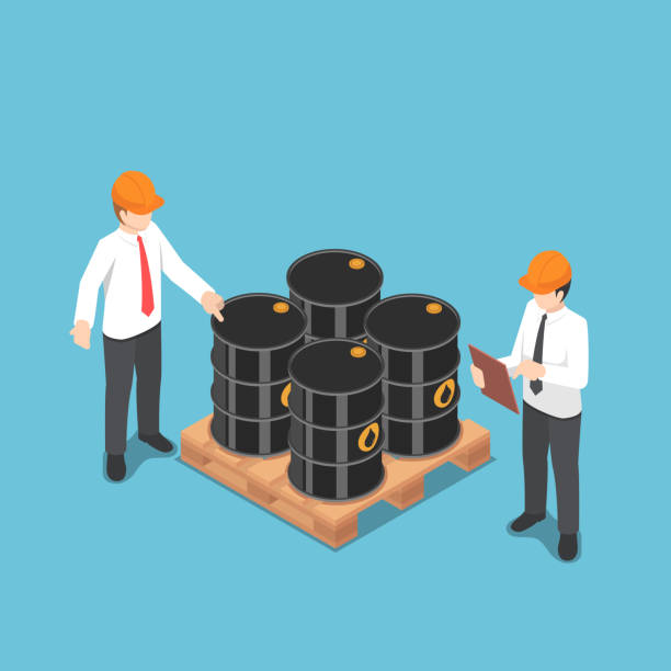 Isometric businessman checking oil barrel. Flat 3d isometric businessman checking oil barrel. Petroleum and gas industry concept man wearing a barrel stock illustrations