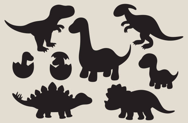 illustrazioni stock, clip art, cartoni animati e icone di tendenza di set silhouette dinosauro - stegosauro