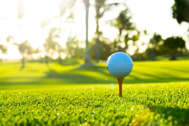 istock Golf ball on tee on golf course over a blurred green field at the sunset 926946854