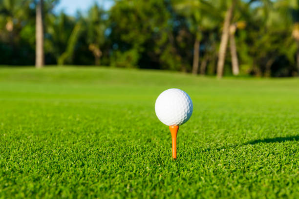 istock Golf ball on tee on golf course over a blurred green field 926946862