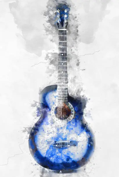 Photo of Abstract beautiful Guitar in the foreground, Watercolor painting background and Digital illustration brush to art.