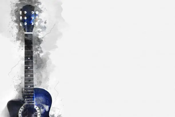 Photo of Abstract beautiful Guitar in the foreground, Watercolor painting background and Digital illustration brush to art.