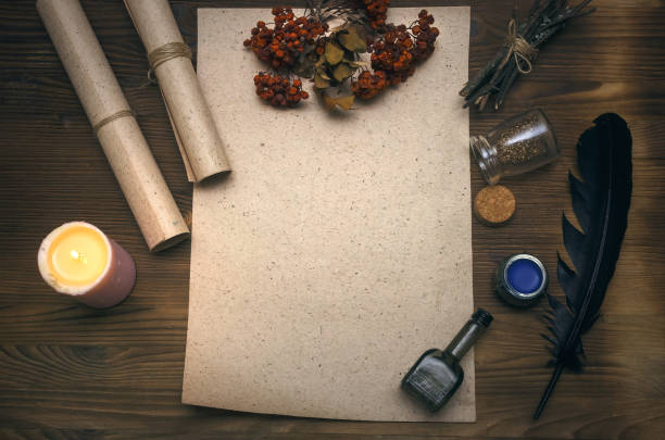 istock Ancient magic scroll paper sheet with copy space. Witchcraft. Witch doctor desk table. 926974360