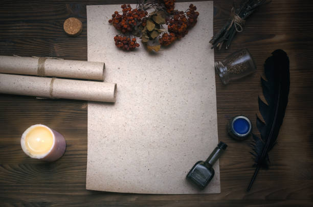 Ancient magic scroll paper sheet with copy space. Witch doctor desk table. Alternative medicine concept.