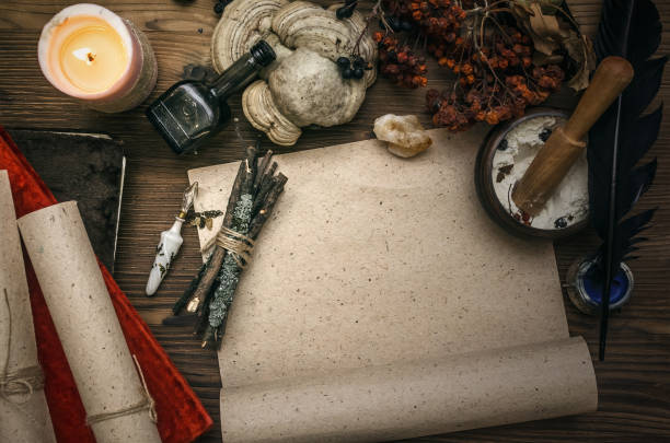 istock Magic paranormal table. Witch doctor. Alternative medicine. Herbal medicine. Shaman. Druid. Magic items. 926974652