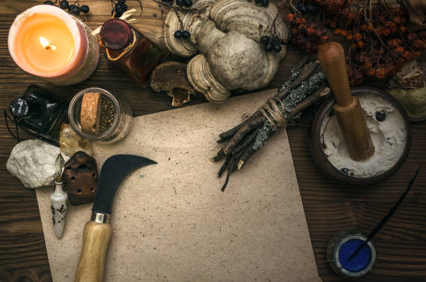 istock Magic paranormal table. Witch doctor. Alternative medicine. Herbal medicine. Shaman. Druid. Magic items. 926974698