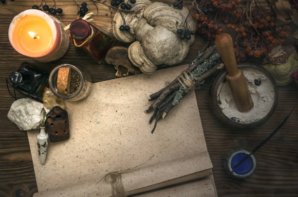 istock Magic paranormal table. Witch doctor. Alternative medicine. Herbal medicine. Shaman. Druid. Magic items. 926974710