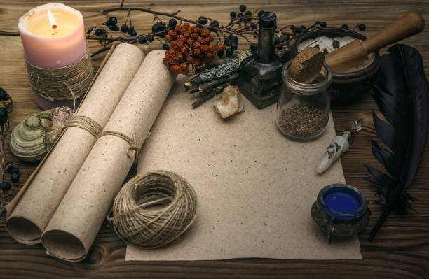 istock Magic paranormal table. Witch doctor. Alternative medicine. Herbal medicine. Shaman. Druid. Magic items. 926974972