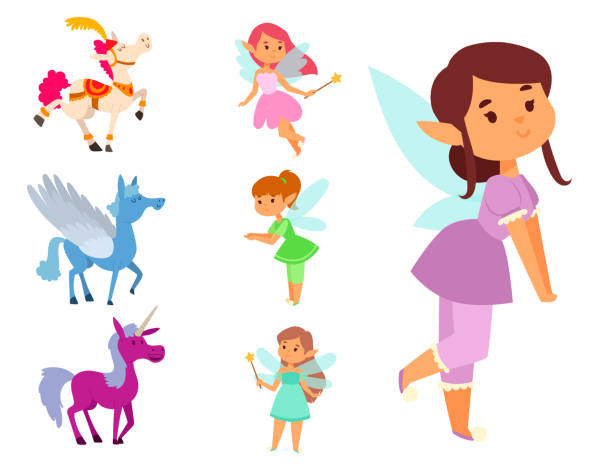 요정 공주 요정 소녀 벡터 캐릭터 귀여운 아름 다운 스타일 만화 작은 동화 나라 패션 의상 마법의 판타지 드레스 동화 크라운 아이 - unicorn horse magic fairy tale stock illustrations