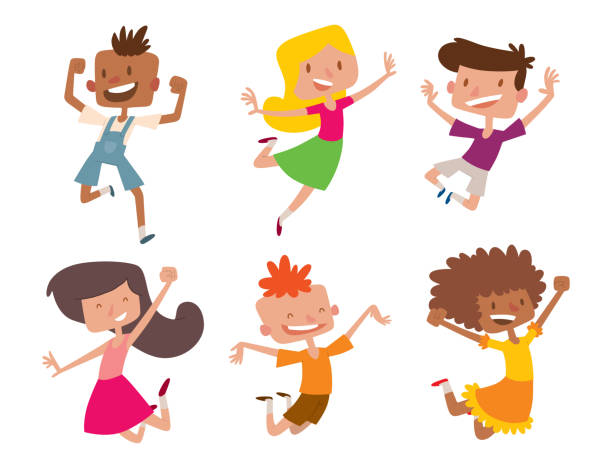 glückliche kinder in verschiedenen positionen großer vektor springen fröhlich kindergruppe und lustige cartoon kinder fröhlich team lachen wenig menschen zeichen - jumping little girls child teenage girls stock-grafiken, -clipart, -cartoons und -symbole