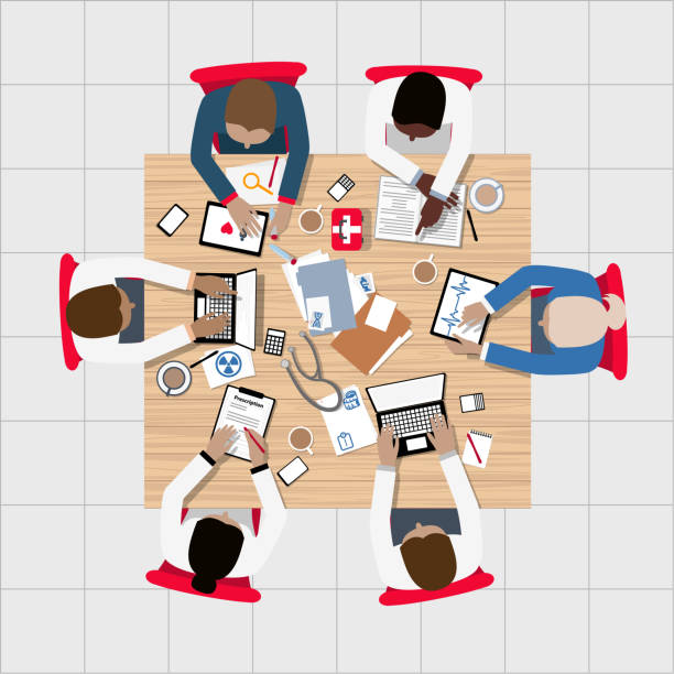 illustrazioni stock, clip art, cartoni animati e icone di tendenza di riunione di medici e professionisti medici attorno al tavolo della sala riunioni - doctor healthcare and medicine nurse team