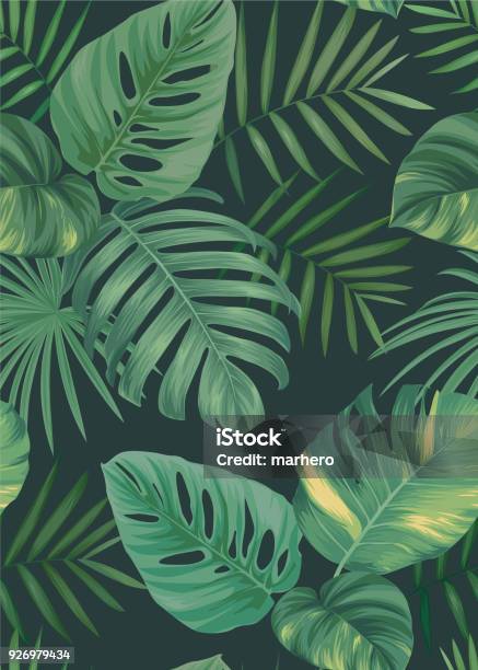 Tropical Seamless Pattern With Palm Leaves Background Stock Illustration - Download Image Now