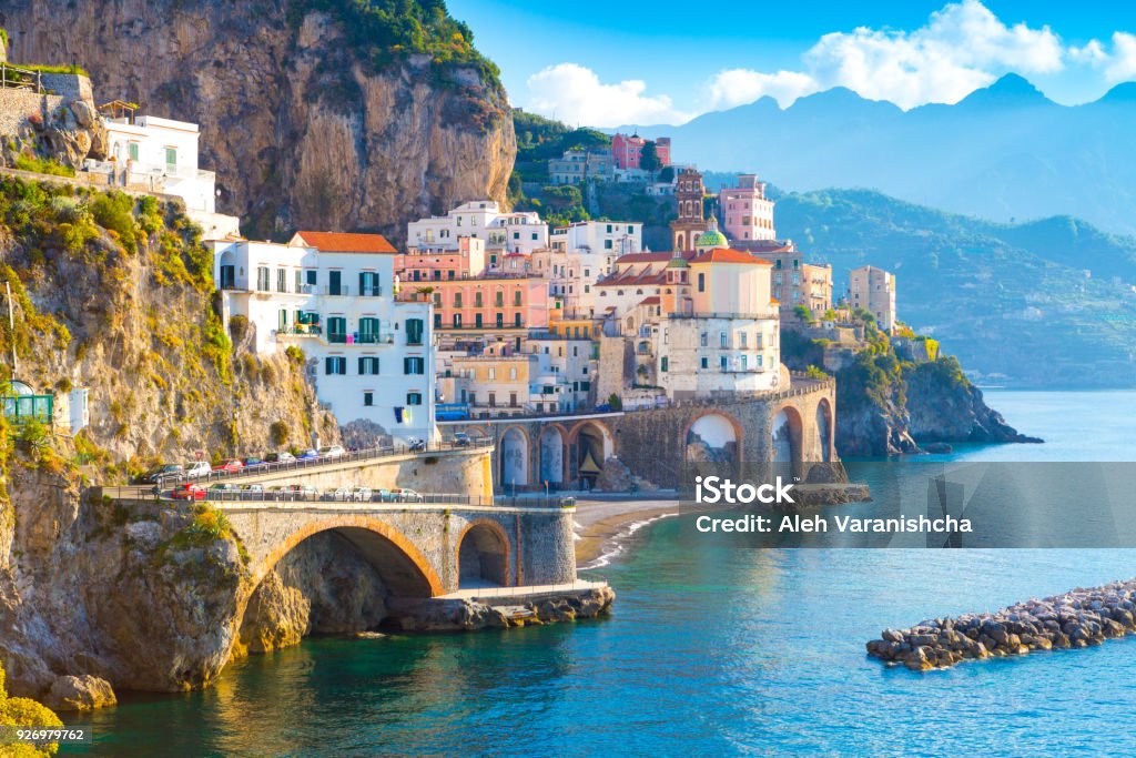 Morning view of Amalfi Morning view of Amalfi cityscape on coast line of mediterranean sea, Italy Italy Stock Photo