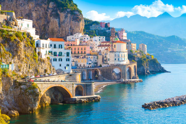 Morning view of Amalfi Morning view of Amalfi cityscape on coast line of mediterranean sea, Italy coastal feature stock pictures, royalty-free photos & images