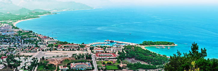 Panoramic view of Kemer and Moonlight beach in Antalya, Turkey. Blue water of Mediterranean sea