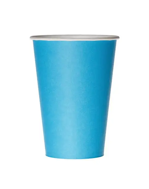 Photo of Blue disposable paper cup isolated on white
