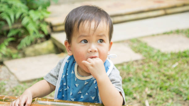 Asian cute child eating a snack in a garden. Asian cute child eating a snack in a garden. eating child cracker asia stock pictures, royalty-free photos & images