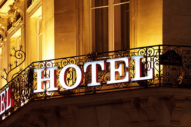 istock Bright hotel sign on balcony at night 92698814